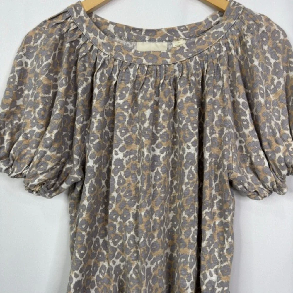 Maeve‎ Anthropologie Leopard Puff Sleeve 100% Linen Top Size S